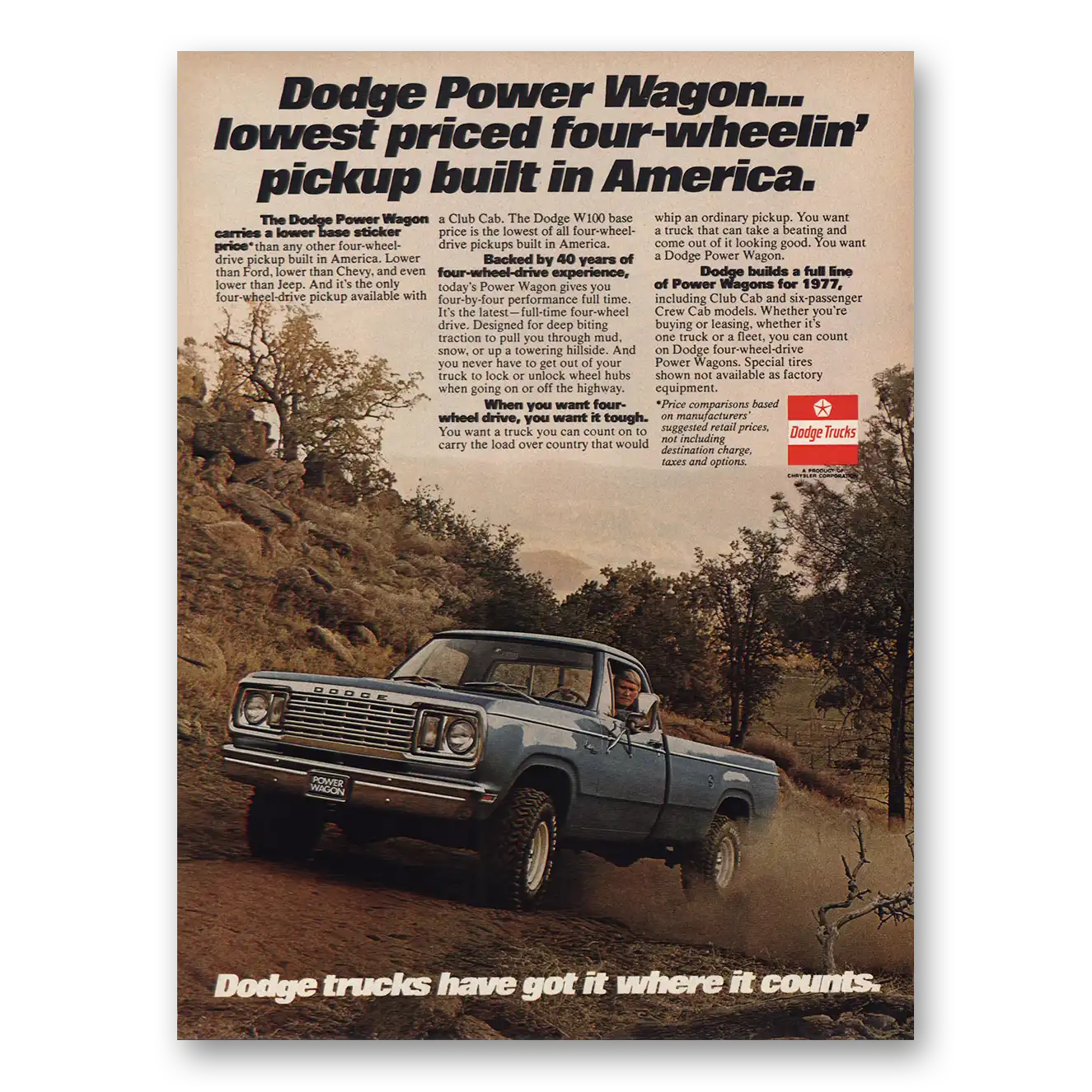 1977 Dodge Power Wagon Four Wheelin Pickup Vintage Magazine Print Ad