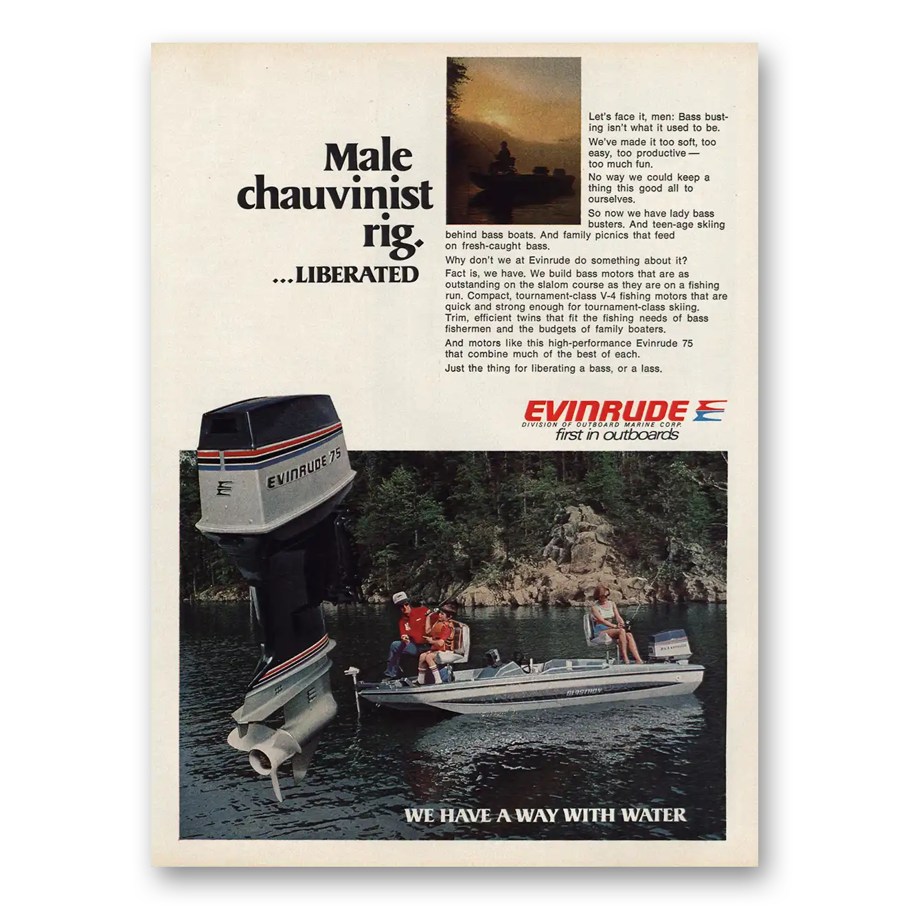 1977 Evinrude Male Chauvinist Rig Liberated Vintage Magazine Print Ad