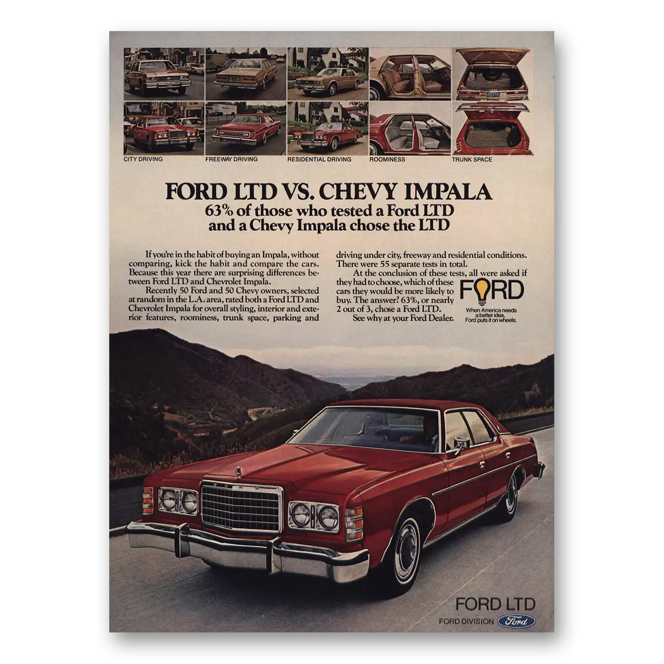 1977 Ford LTD Vs Chevy Impala Vintage Magazine Print Ad