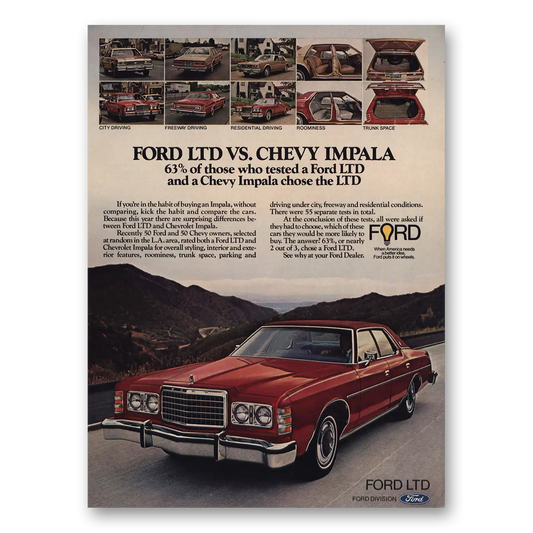 1977 Ford LTD Vs Chevy Impala Vintage Magazine Print Ad