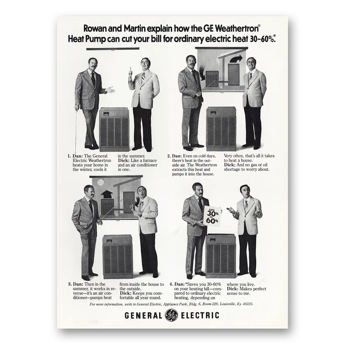 1977 General Electric Air Conditioner Rowan Martin Explain GE Weathertron Vintage Magazine Print Ad