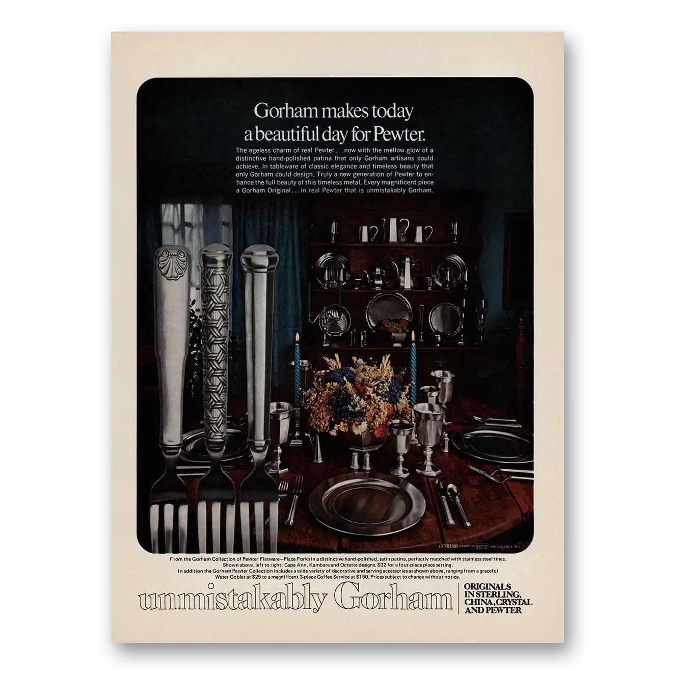 1977 Gorham Silver Pewter Makes Today a Beautiful Day Vintage Magazine Print Ad