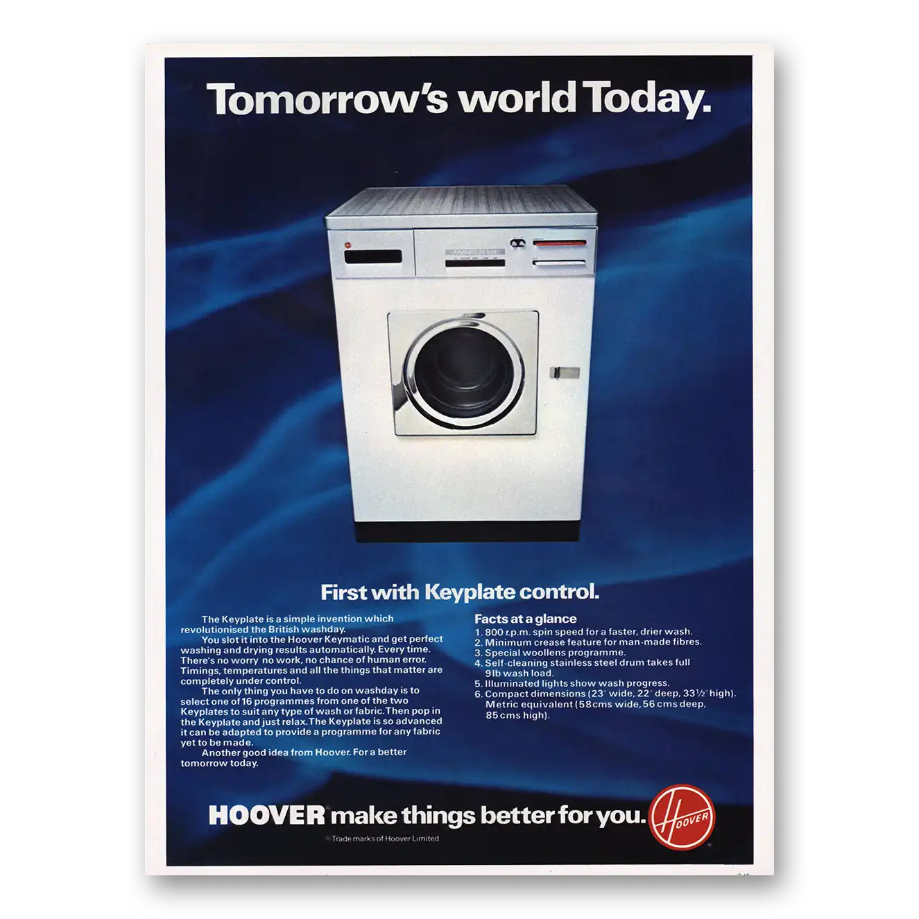 1977 Hoover Keymatic Washer Tomorrows World Today Vintage Magazine Print Ad