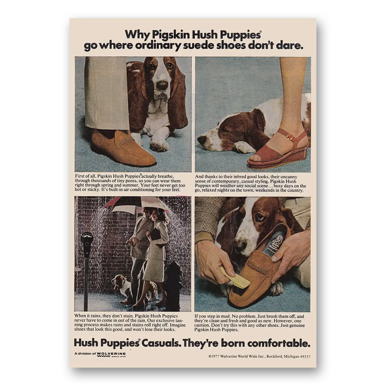 1977 Hush Puppies Pigskin Go Where Ordinary Suede Shoes Don’t Dare Vintage Magazine Print Ad