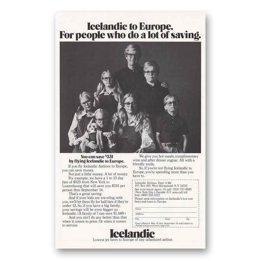 1977 Icelandic Airlines Icelandic to Europe People Who Do a Lot of Saving Vintage Magazine Print Ad