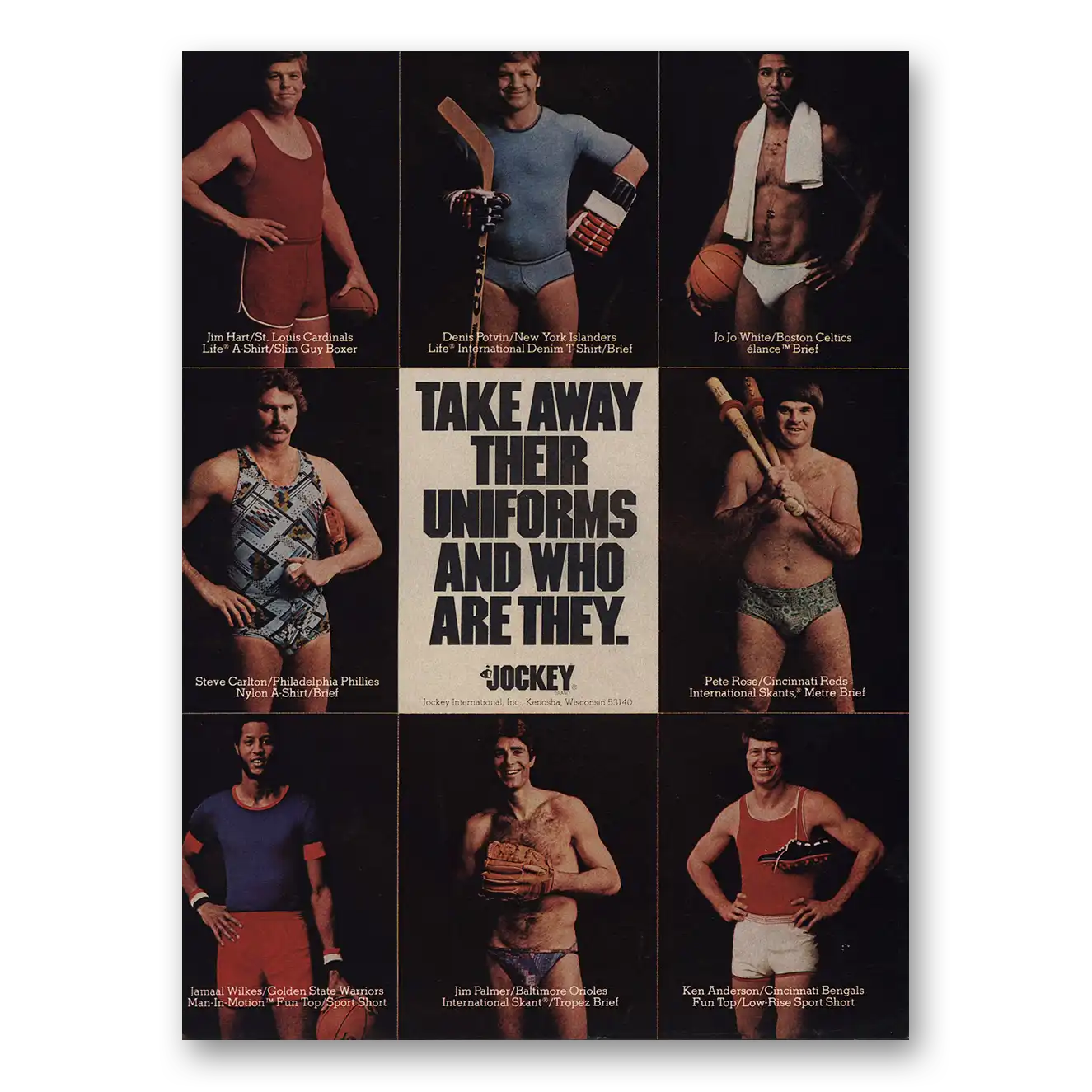 1977 Jockey Underwear Take Away Their Uniforms and Who Are They Vintage Magazine Print Ad