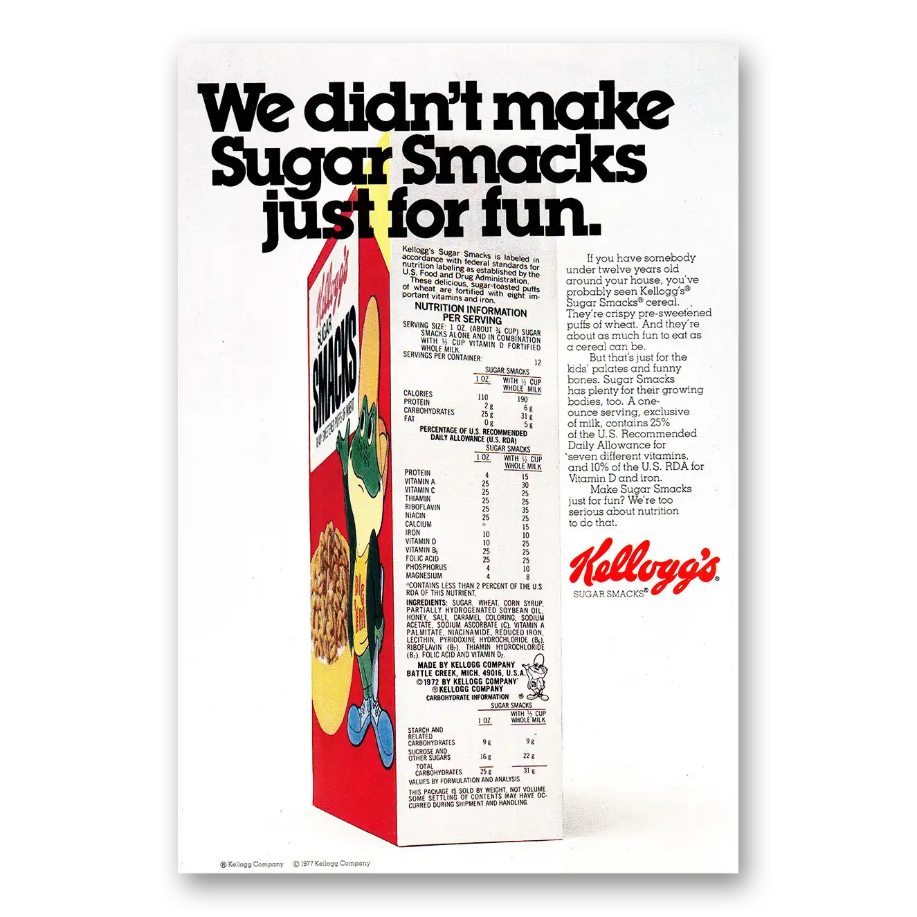 1977 Kelloggs Sugar Smacks Cereal Didn't Make Sugar Smacks Vintage Magazine Print Ad