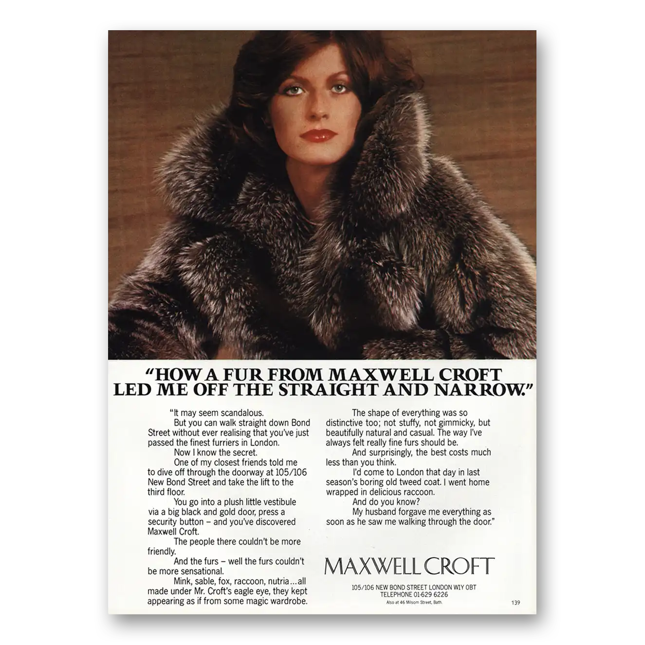 1977 Maxwell Croft Coats Fur Led Me Off the Straight and Narrow Vintage Magazine Print Ad