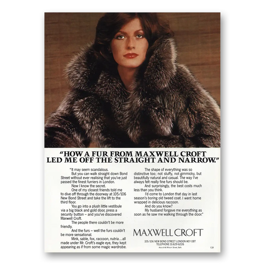 1977 Maxwell Croft Coats Fur Led Me Off the Straight and Narrow Vintage Magazine Print Ad