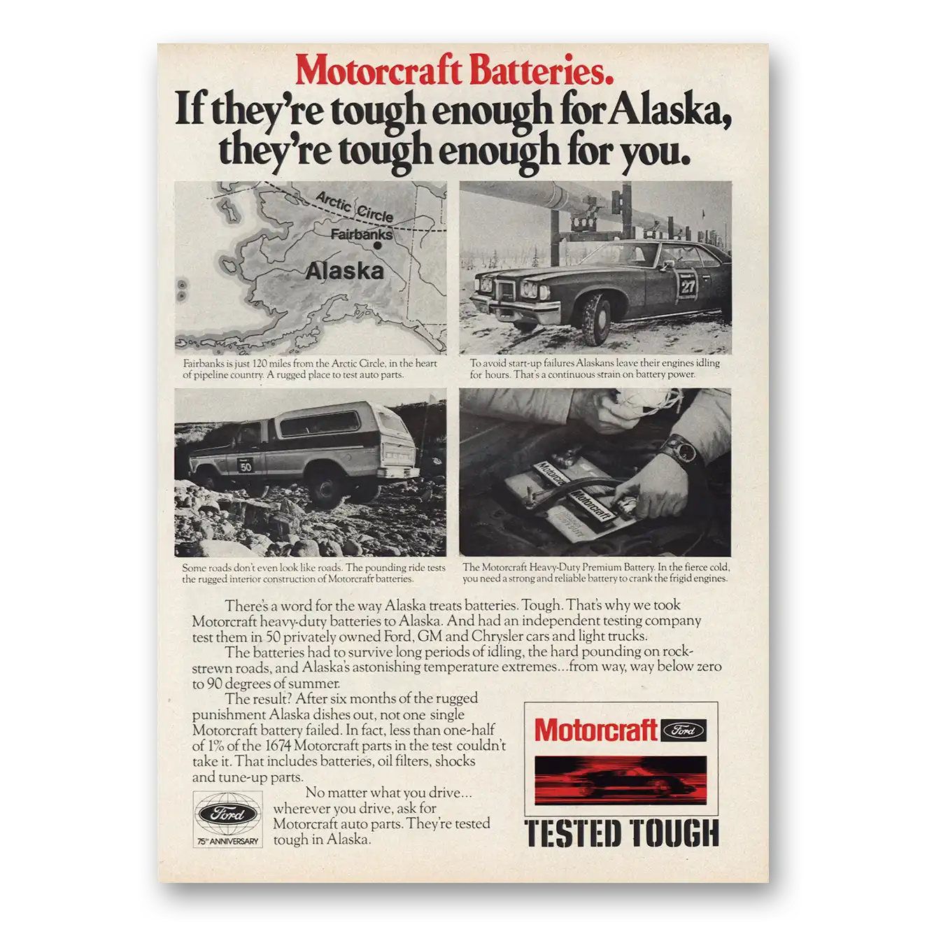 1977 Motorcraft Batteries Tough Enough for Alaska Vintage Magazine Print Ad