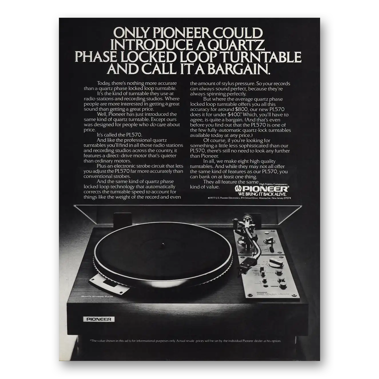 1977 Pioneer Turntables Quartz Phase Locked Loop Turntable Vintage Magazine Print Ad