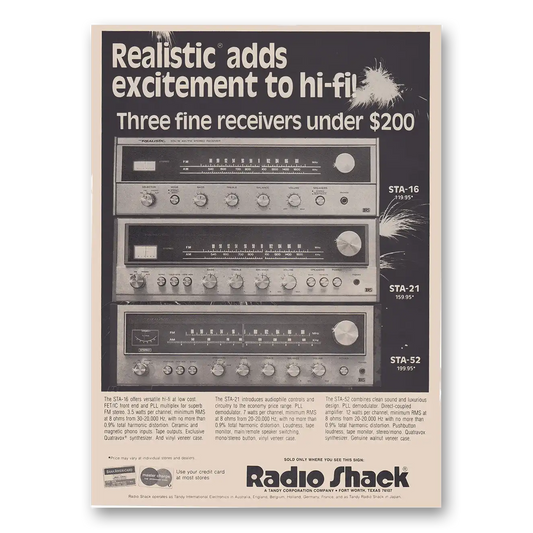 1977 Realistic Stereo Receivers Adds Excitement to Hi Fi Vintage Magazine Print Ad