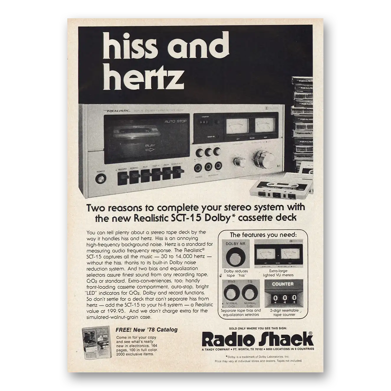 1977 Realistic SCT15 Cassette Deck Hiss and Hertz Vintage Magazine Print Ad