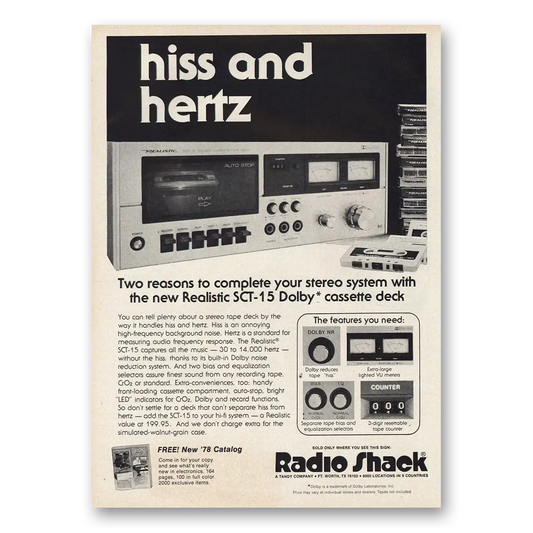 1977 Realistic SCT15 Cassette Deck Hiss and Hertz Vintage Magazine Print Ad