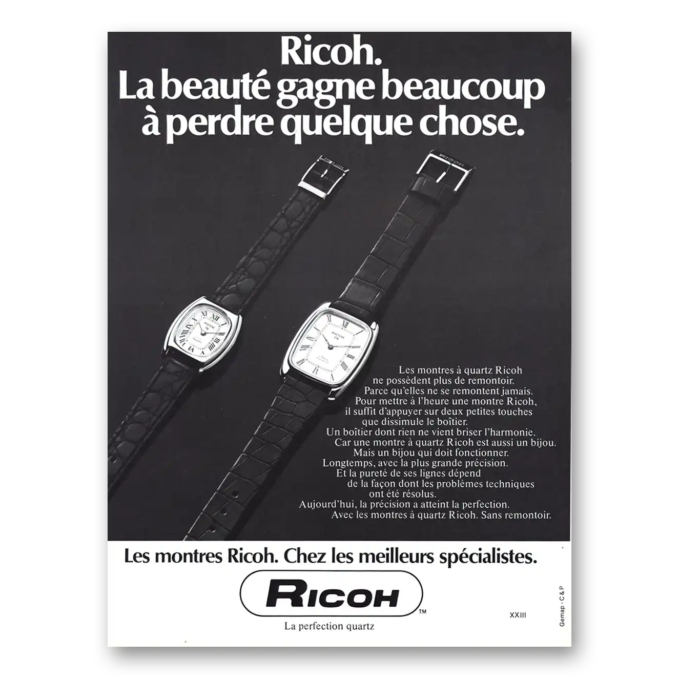 1977 Richoh Watches La Beaute Gagne Beaucoup Vintage Magazine Print Ad