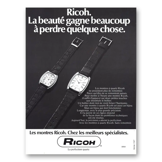 1977 Richoh Watches La Beaute Gagne Beaucoup Vintage Magazine Print Ad