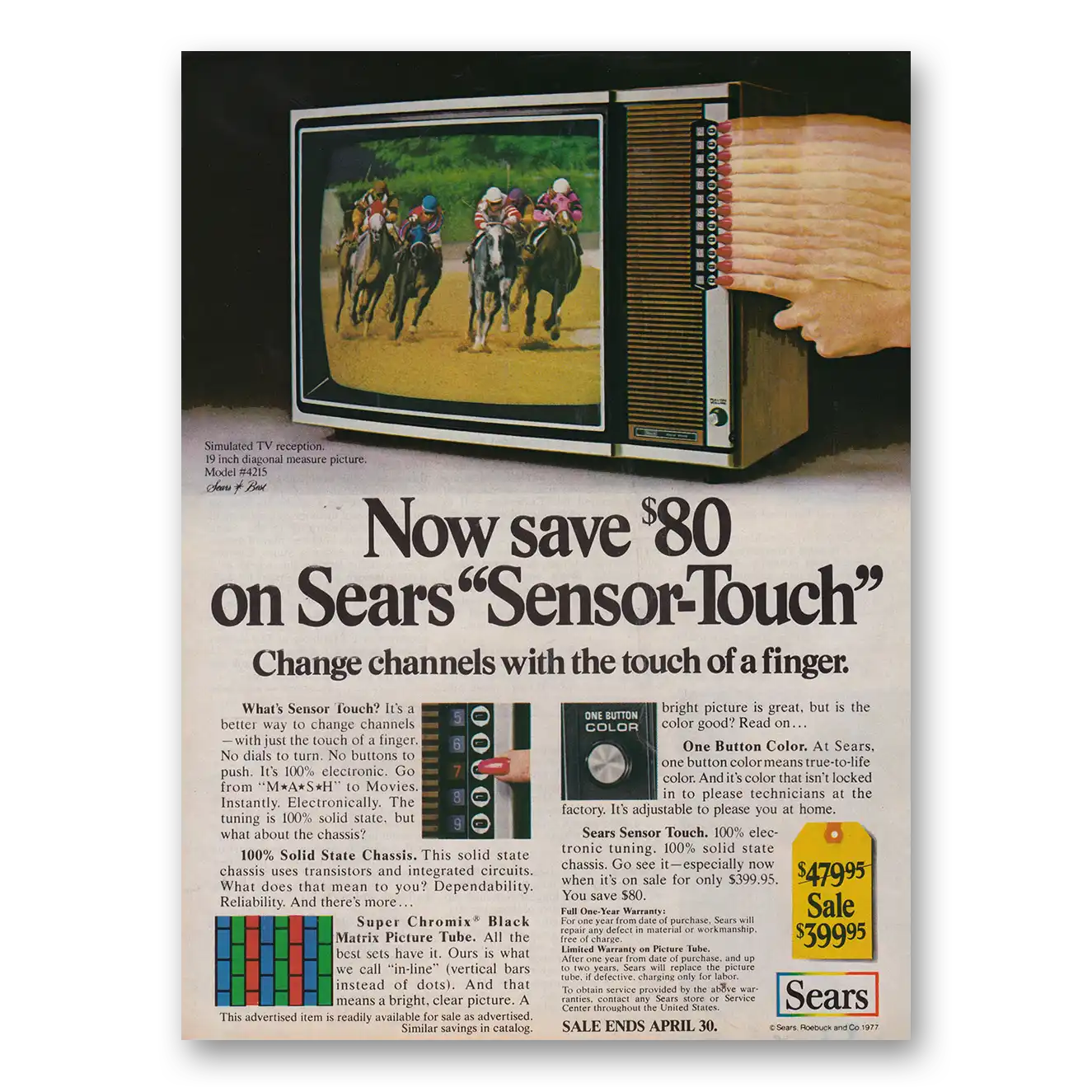 1977 Sears Sensor Touch TV Change Channels With the Touch of Finger Vintage Magazine Print Ad