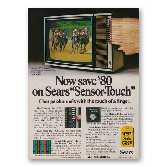 1977 Sears Sensor Touch TV Change Channels With the Touch of Finger Vintage Magazine Print Ad