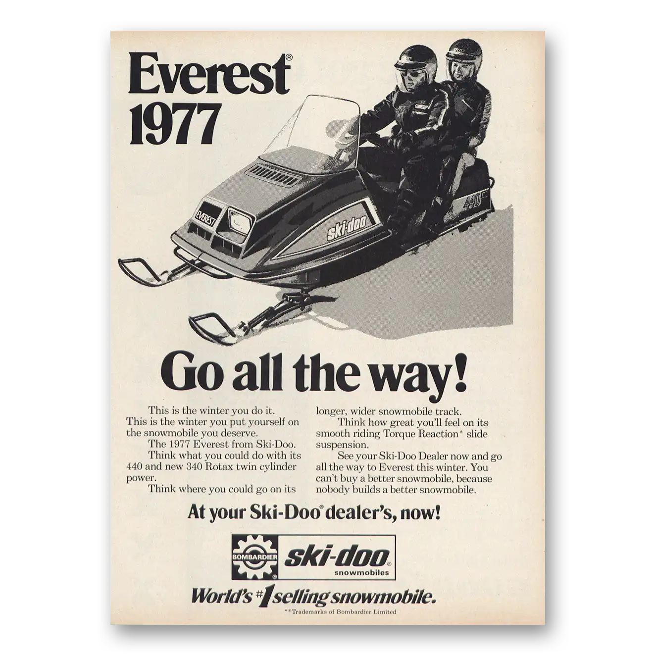 1977 Ski-Doo Everest Go All the Way Vintage Magazine Print Ad