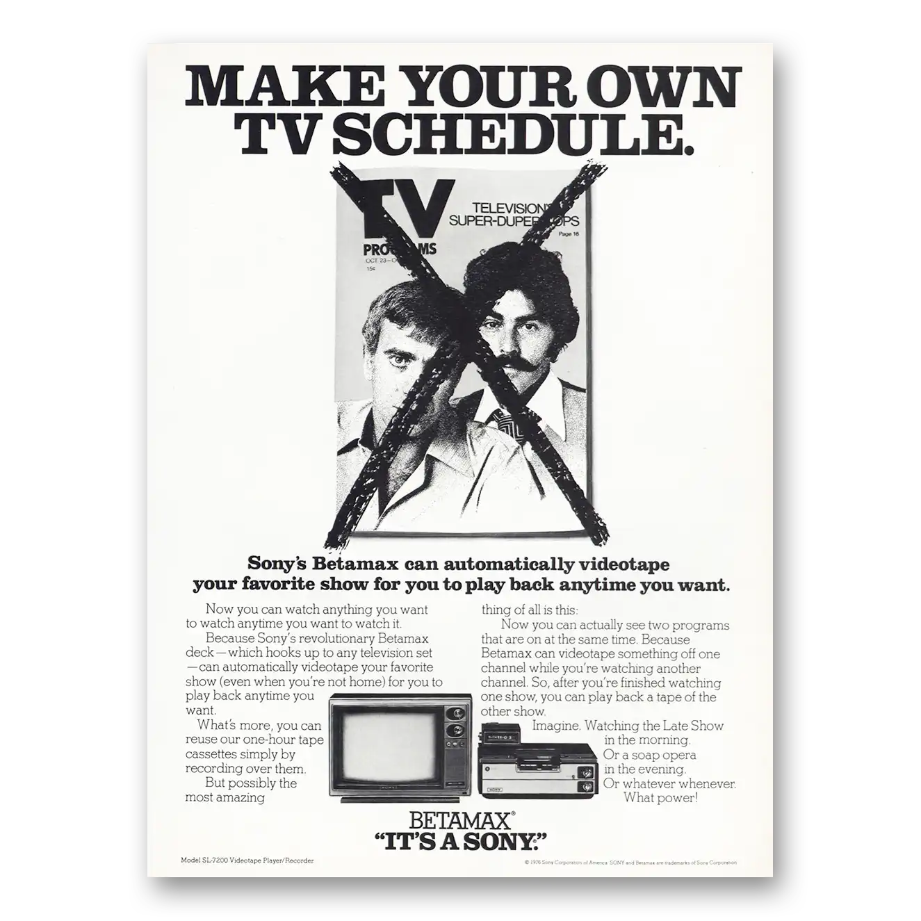 1977 Sony Betamax Make Your Own TV Schedule Vintage Magazine Print Ad