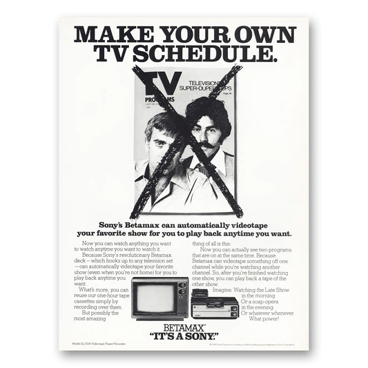 1977 Sony Betamax Make Your Own TV Schedule Vintage Magazine Print Ad