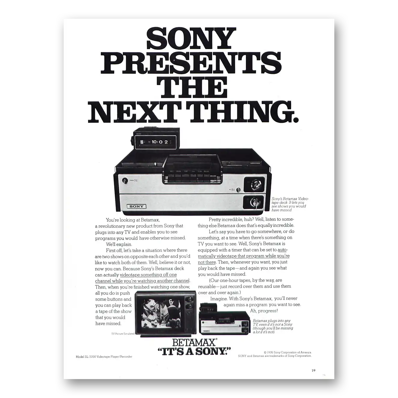 1977 Sony Betamax Presents the Next Thing Vintage Magazine Print Ad