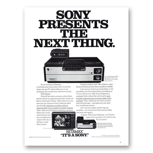 1977 Sony Betamax Presents the Next Thing Vintage Magazine Print Ad