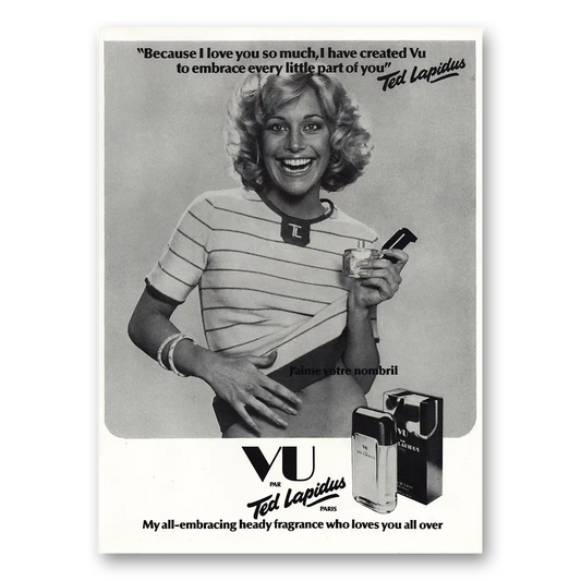 1977 Ted Lapidus Vu Fragrance Because I Love You So Much Vintage Magazine Print Ad