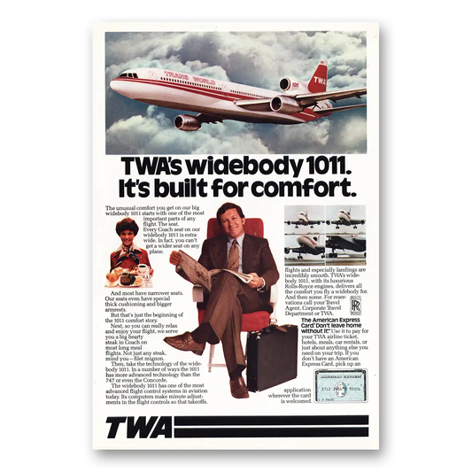 1977 TWA Airlines Widebody 1011 Built for Comfort Vintage Magazine Print Ad