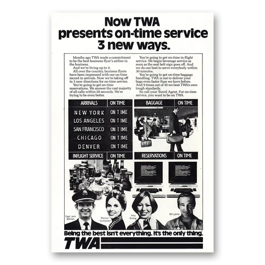 1977 TWA Airlines On Time Service Vintage Magazine Print Ad