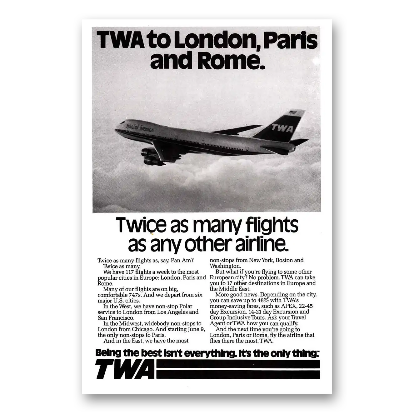 1977 TWA Airlines London Paris and Rome 747 Vintage Magazine Print Ad