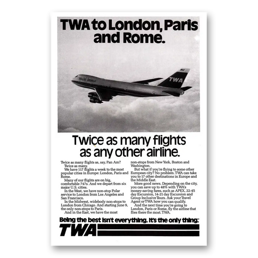 1977 TWA Airlines London Paris and Rome 747 Vintage Magazine Print Ad