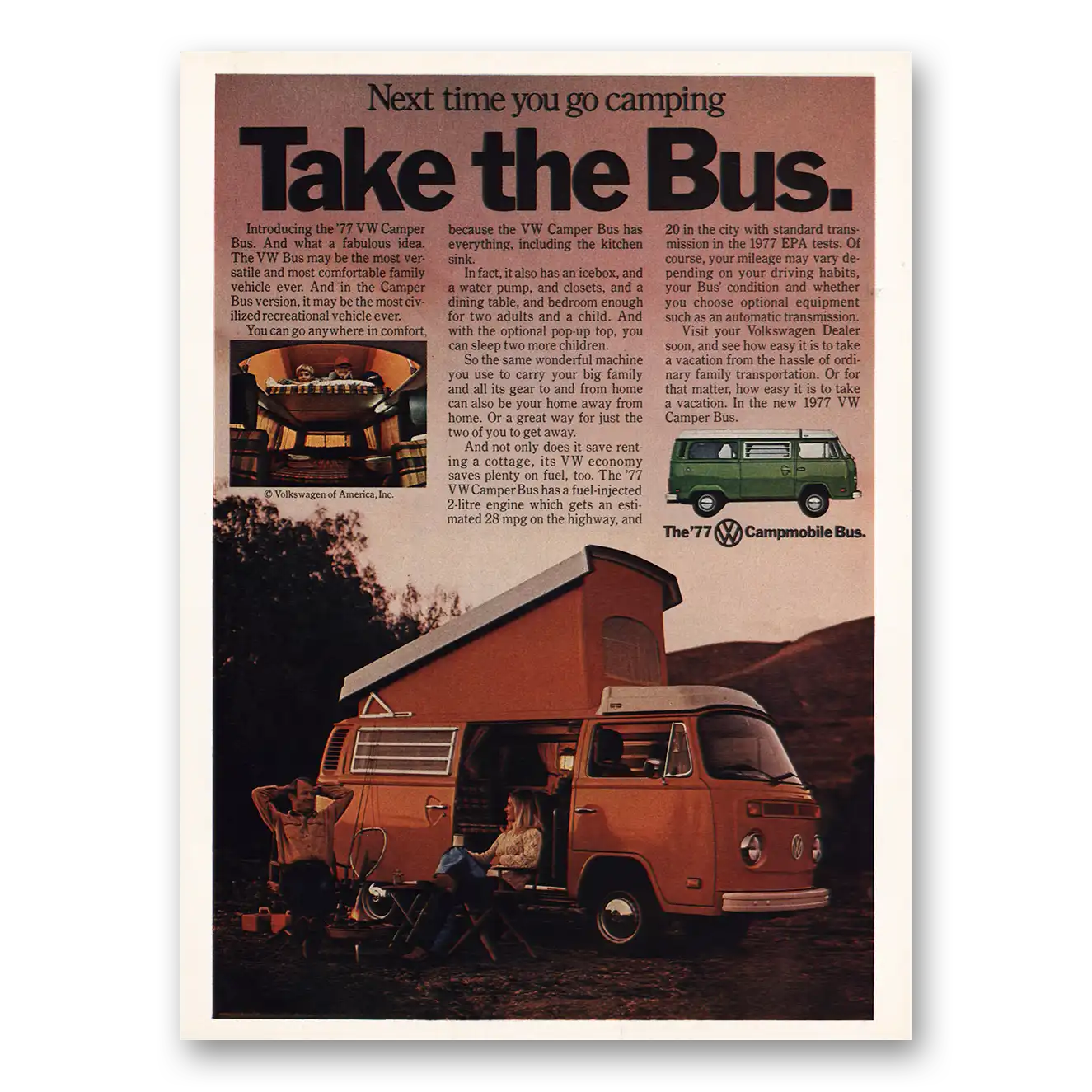 1977 Volkswagen Bus Next Time You Go Camping Take the Bus Vintage Magazine Print Ad