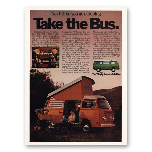 1977 Volkswagen Bus Next Time You Go Camping Take the Bus Vintage Magazine Print Ad