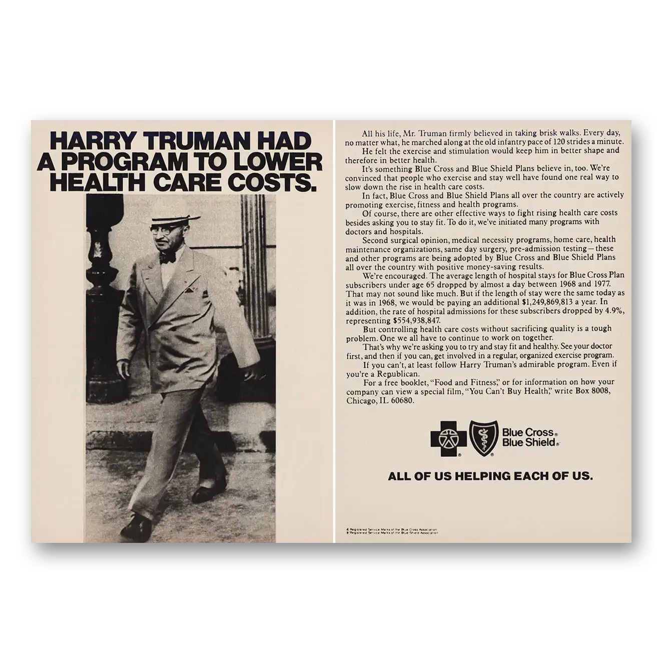 1978 Blue Cross Insurance Harry Truman Vintage Magazine Print Ad