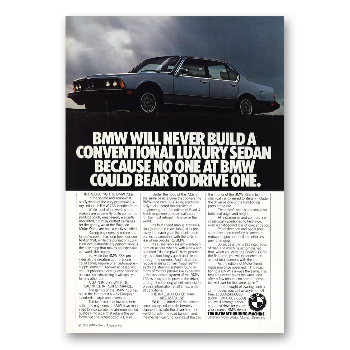 1978 BMW 7 Series Never Build Conventional Luxury Sedan Vintage Magazine Print Ad