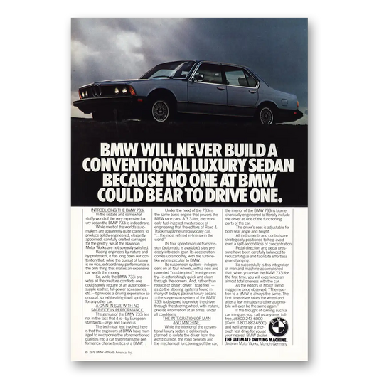 1978 BMW 7 Series Never Build Conventional Luxury Sedan Vintage Magazine Print Ad