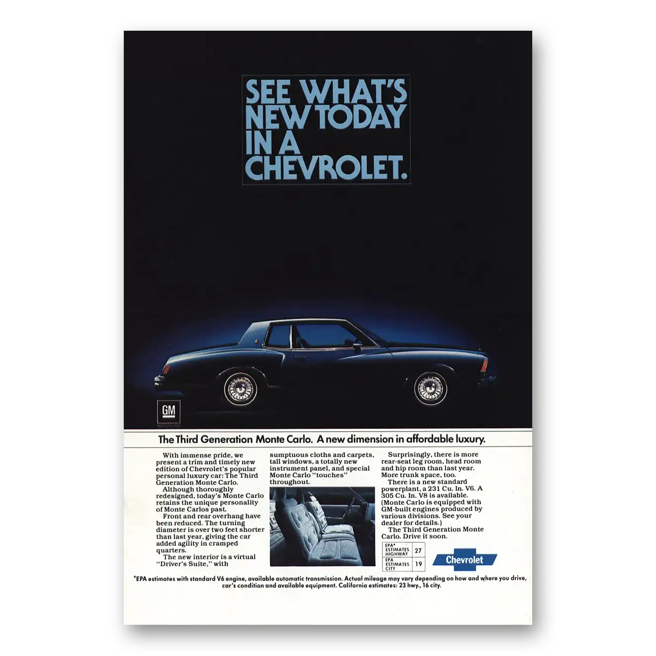 1977 Chevrolet Monte Carlo Third Generation New Dimension Vintage Magazine Print Ad