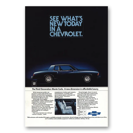 1977 Chevrolet Monte Carlo Third Generation New Dimension Vintage Magazine Print Ad