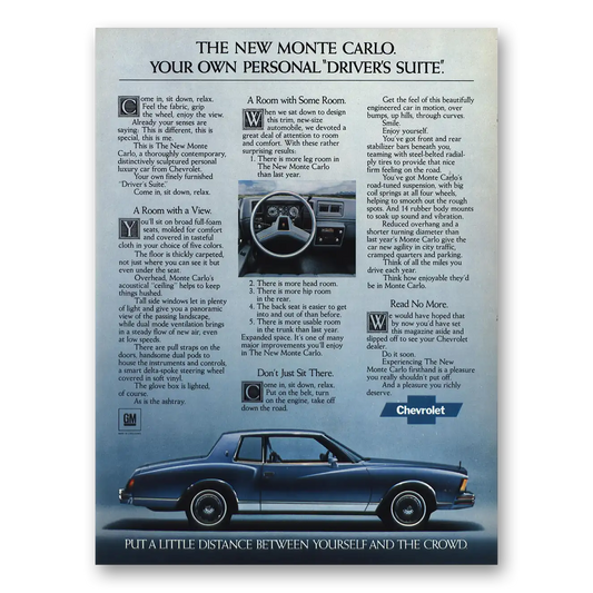 1978 Chevrolet Monte Carlo Personal Drivers Suite Vintage Magazine Print Ad