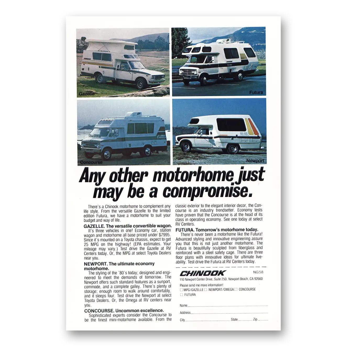 1978 Chinook Motorhome Gazelle Futura Newport, Conc Vintage Magazine Print Ad