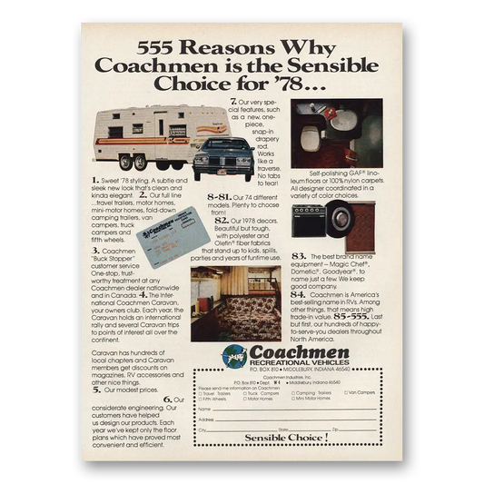 1978 Coachmen Recreational Vehicles Reasons Why Vintage Magazine Print Ad