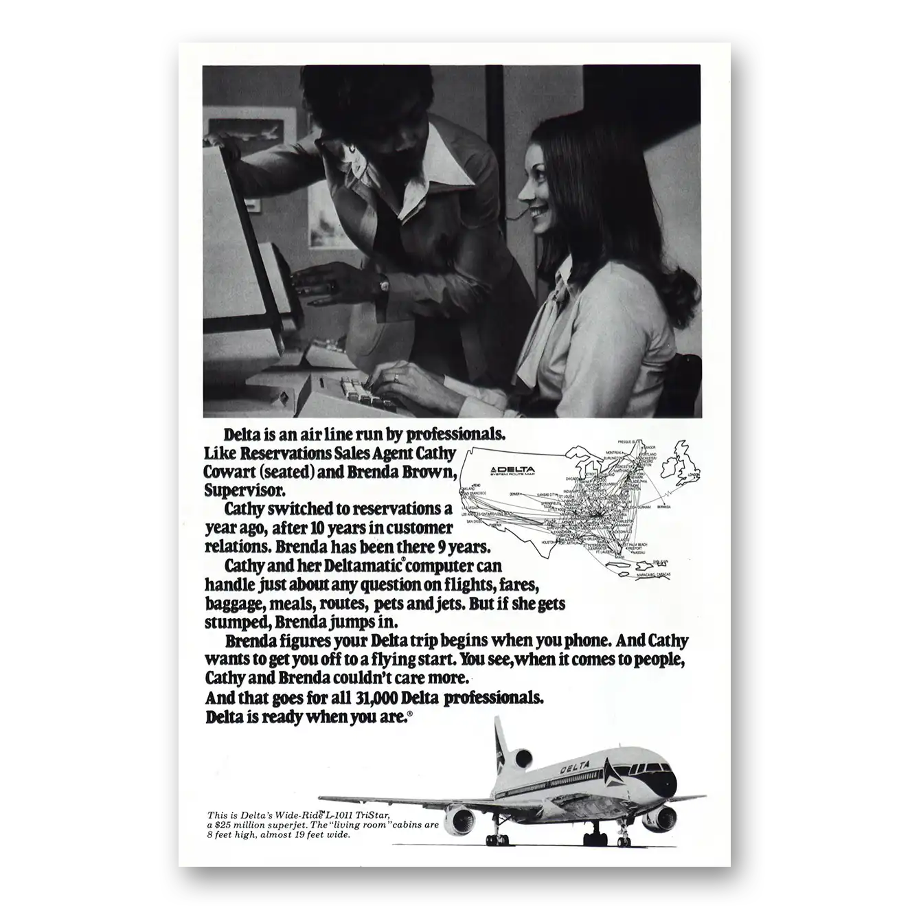 1978 Delta Air Lines Reservations Agent Cathy Cowart Vintage Magazine Print Ad