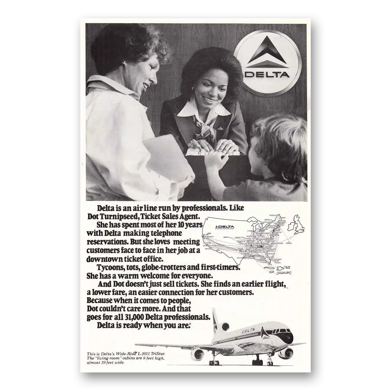 1978 Delta Air Lines Dot Turnipseed Vintage Magazine Print Ad