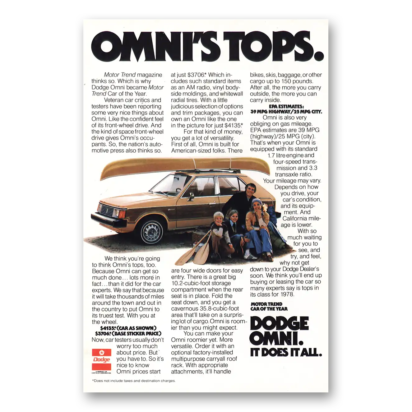 1978 Dodge Omni Omnis Tops Motor Trend Vintage Magazine Print Ad