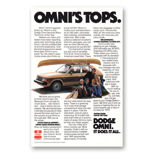 1978 Dodge Omni Omnis Tops Motor Trend Vintage Magazine Print Ad