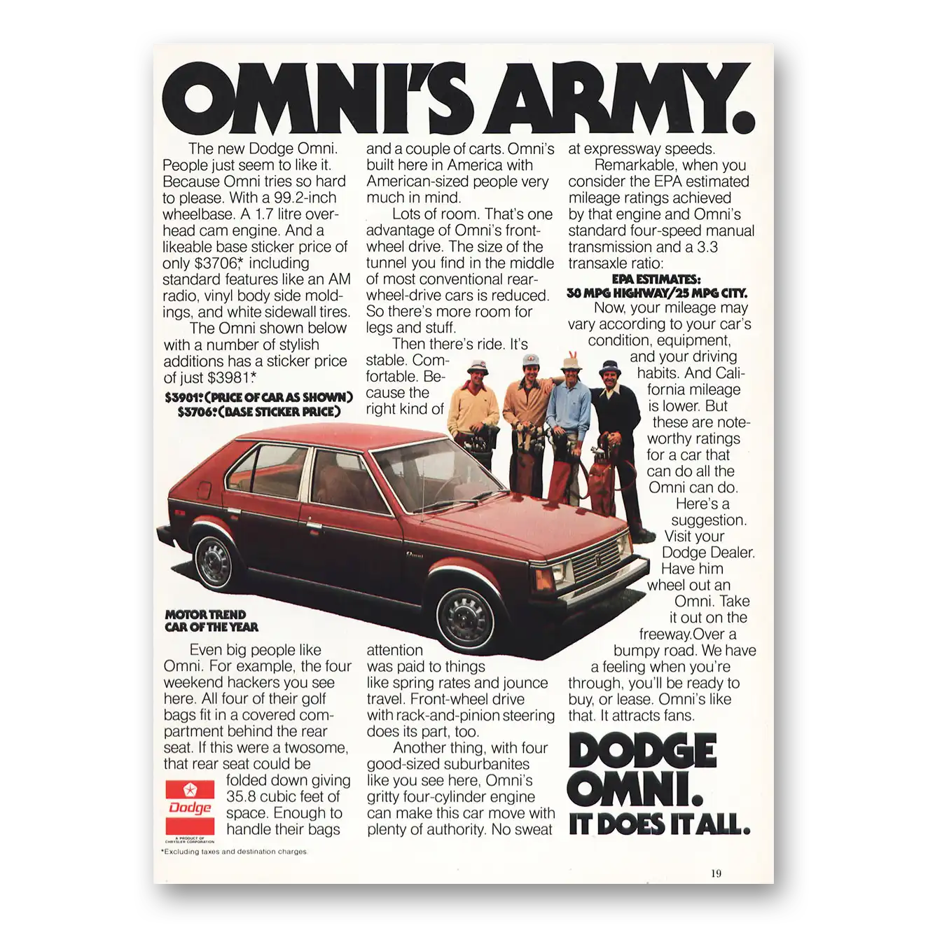 1978 Dodge Omni Omnis Army People Just Seem To Like It Vintage Magazine Print Ad