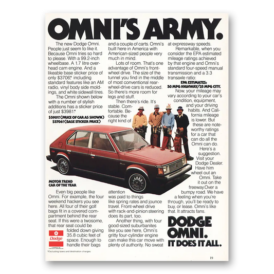 1978 Dodge Omni Omnis Army People Just Seem To Like It Vintage Magazine Print Ad