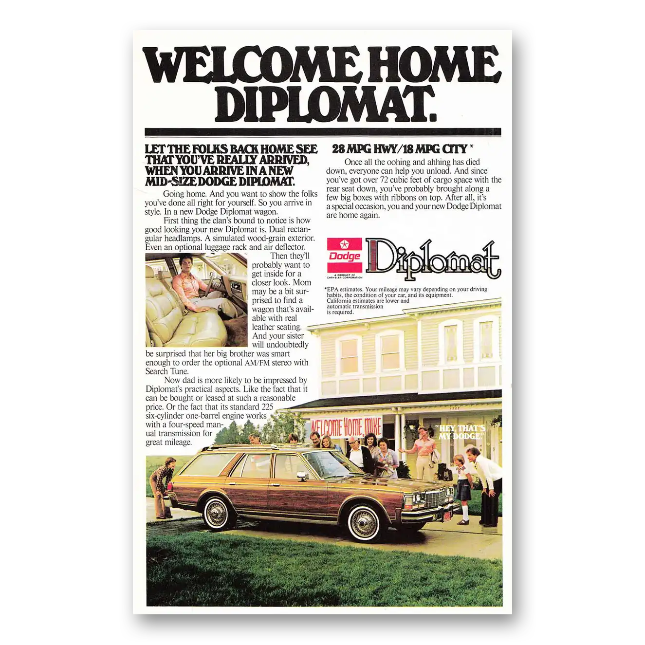 1978 Dodge Diplomat Wagon Welcome Home Vintage Magazine Print Ad