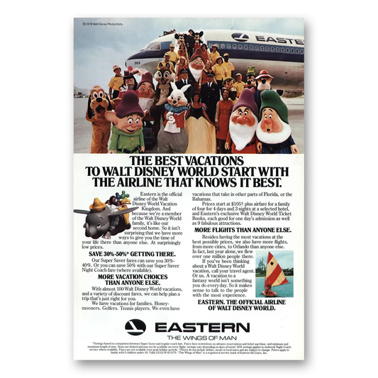 1978 Eastern Airlines Walt Disney World Vintage Magazine Print Ad